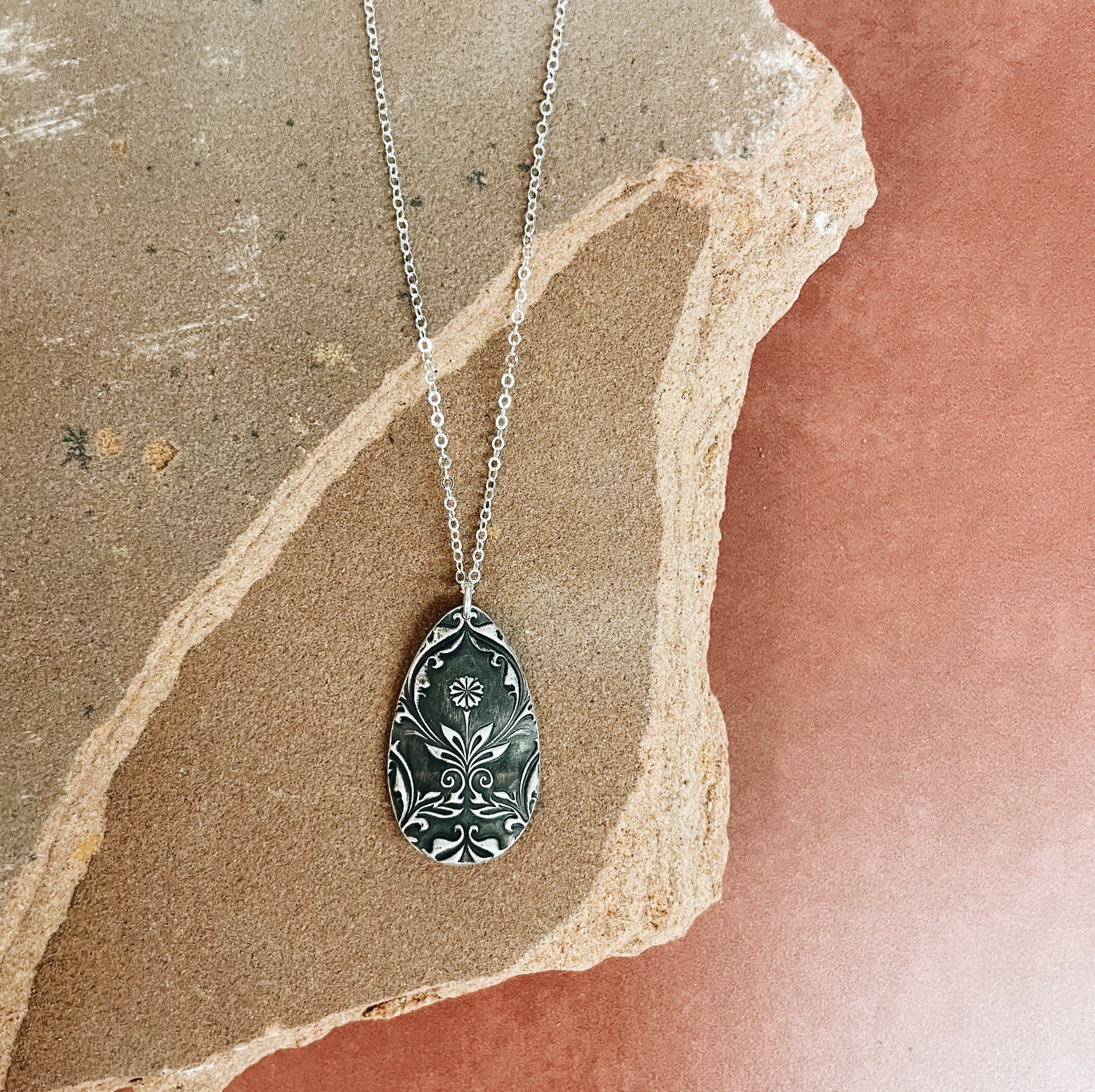 Sterling Silver Scroll and Floral Damask Pendant Necklace - Jester Swink