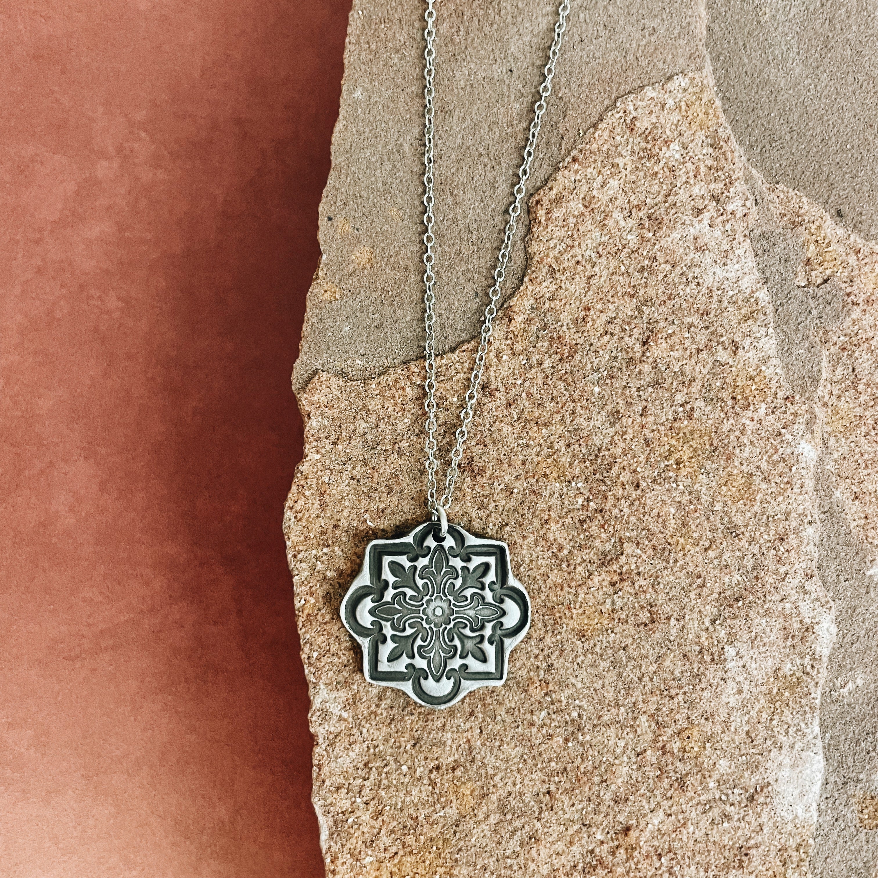 Sterling Silver Tin Tile Floral Pendant Necklace - Jester Swink