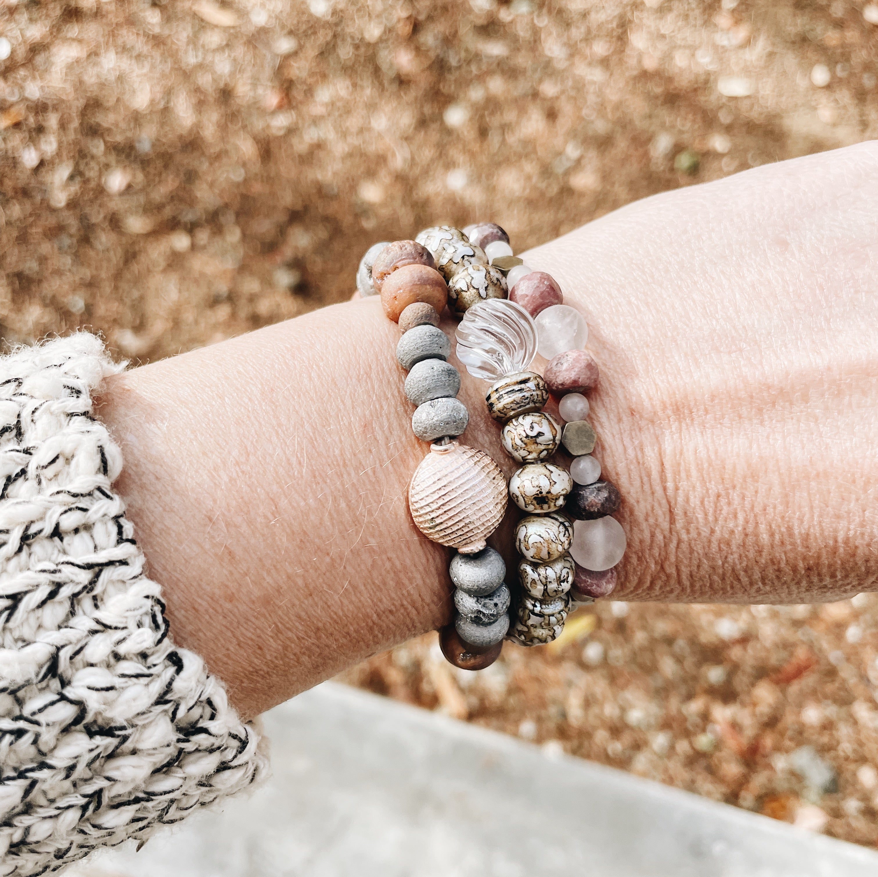 Rose Quartz, Rhodochrosite & Brass Bracelet from Jester Swink - Jester Swink