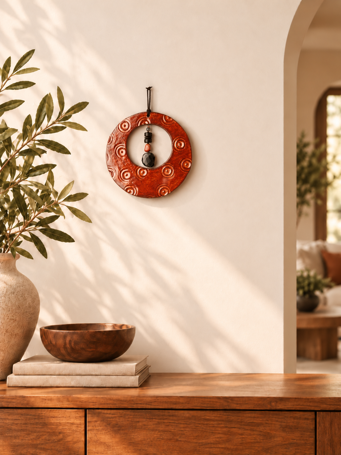 A circular red-orange wooden wall hanging with carved spiral patterns and a hanging loop, displayed on a cream wall above a wooden console table with a bowl and books, alongside a potted plant.