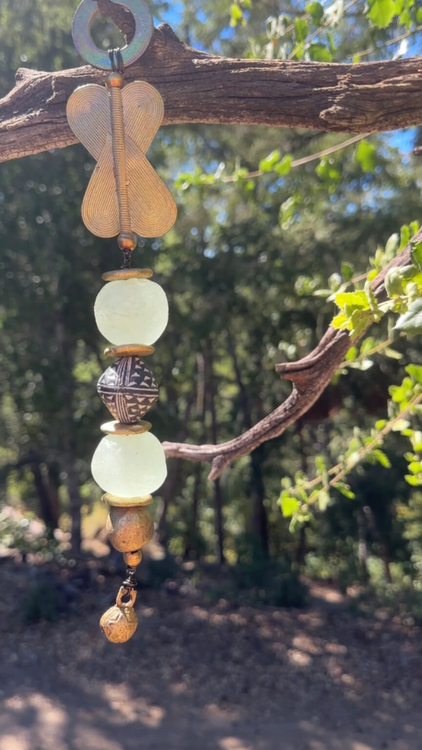 Tranquil Spinner Wind Chime, African Sea Glass, Clay, and Brass