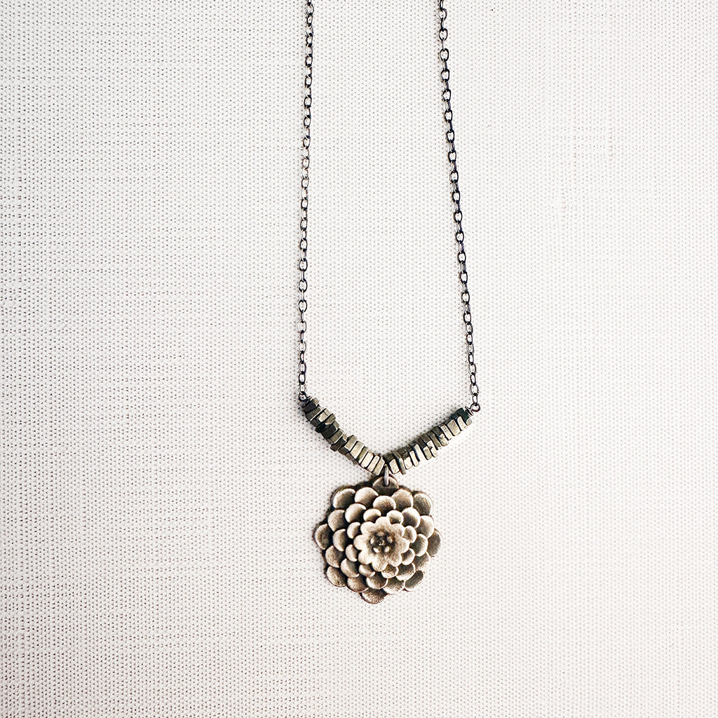 Bronze Pyrite Dahlia Necklace - Nature-Inspired Elegance (Handmade, 18")