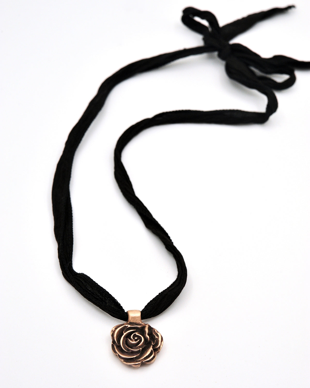 Handcrafted Bronze Rose Pendant Necklace on Silk Cording