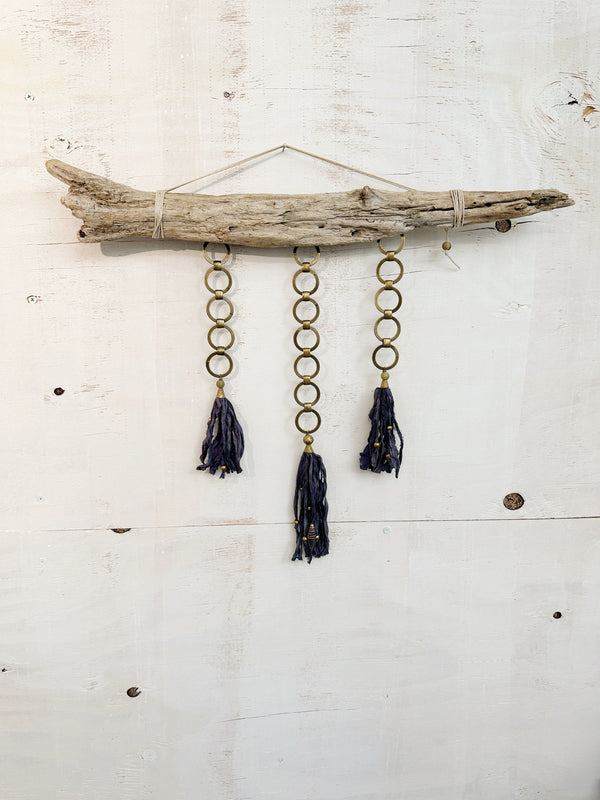 Coastal Driftwood Wall Hanging with Silk and Brass Tassels - Modern Boho Home Decor