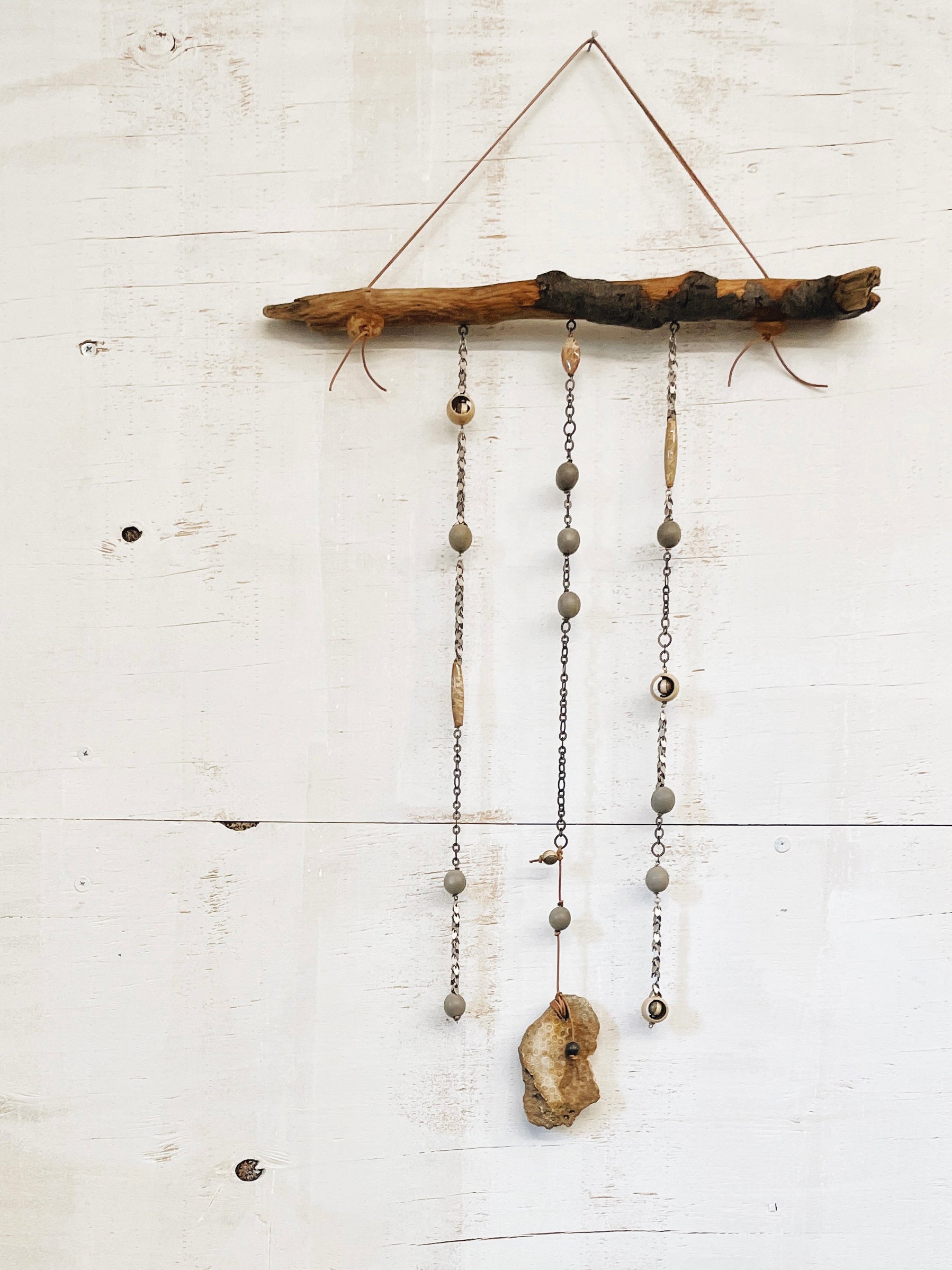 Nature-Inspired Driftwood Lunar Galaxy Wall Hanging with Fauna Seeds, Leather, and Fossilized Coral - Neutral Boho Home Decor
