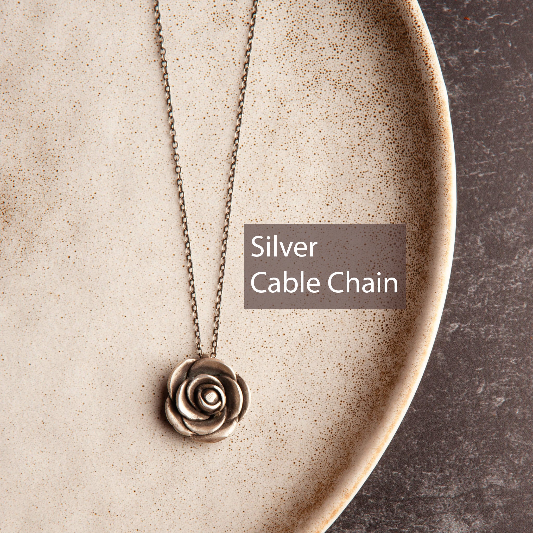 Made-to-Order Silver Rose Pendant Necklace with Scribing, Appx 18mm