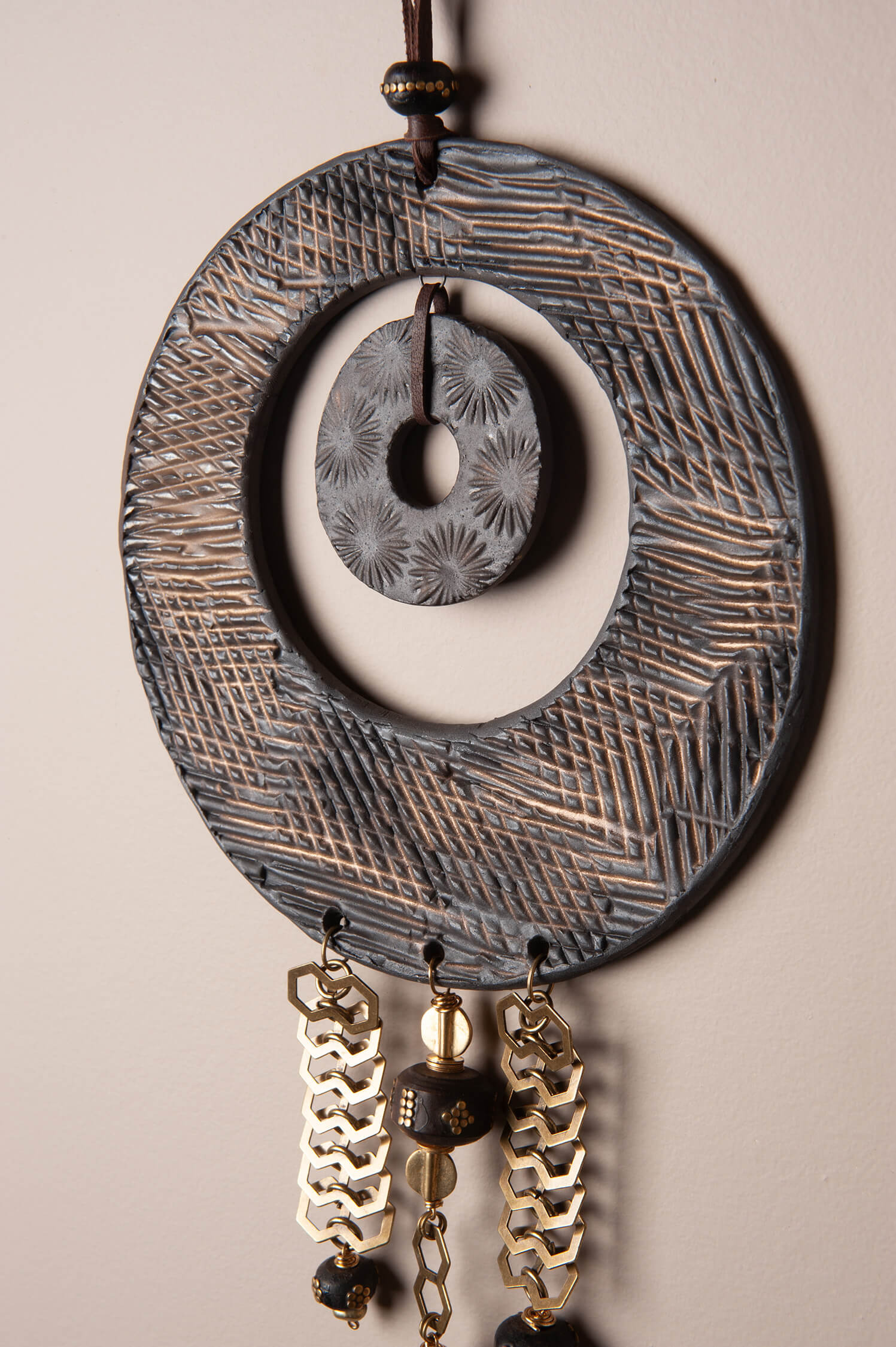 Midnight Bloom – Handcrafted Ceramic Wall Hanging with Brass Chain & Wooden Beads, 14"