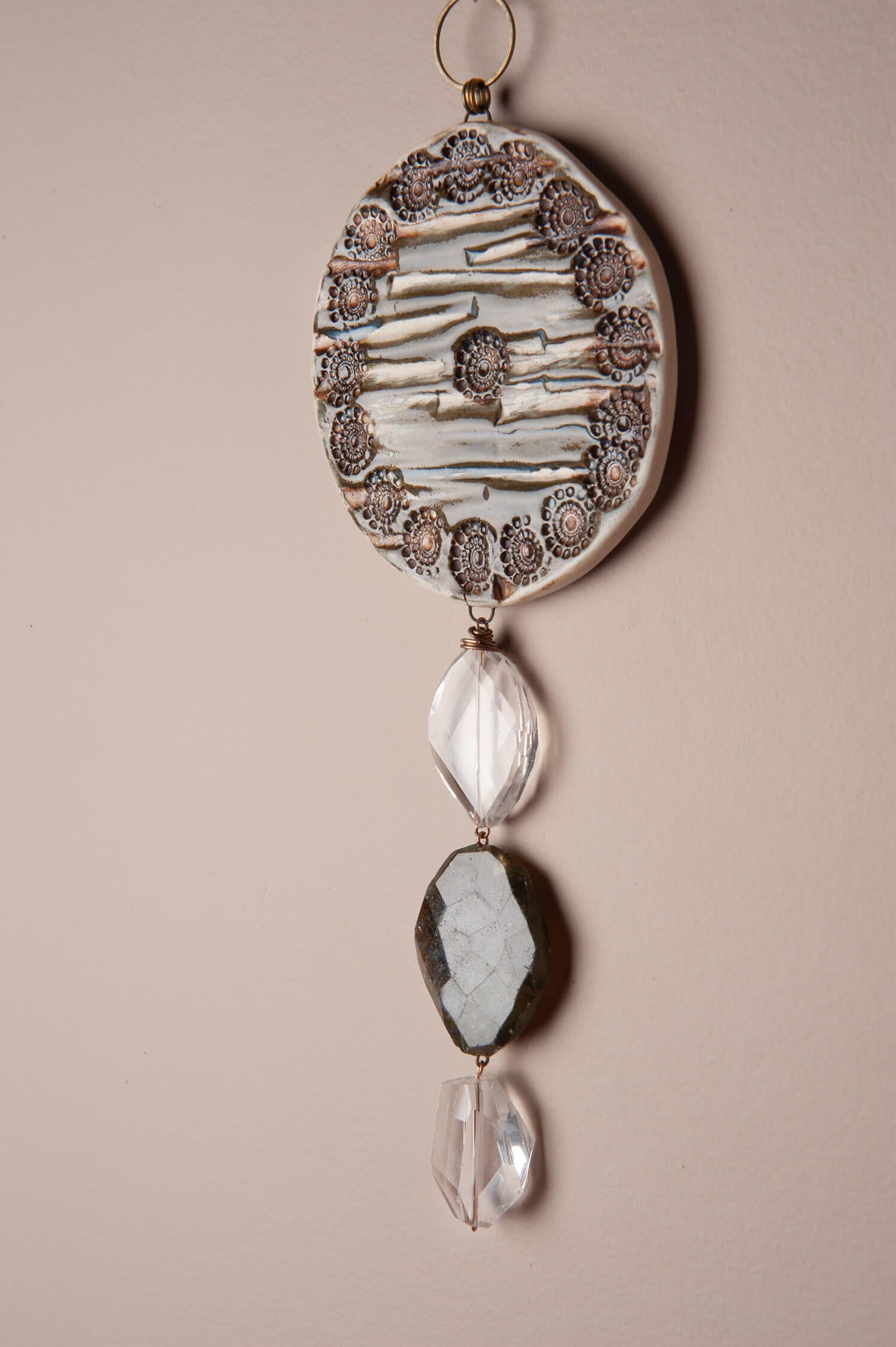 Moonlit Essence – Handcrafted Ceramic Wall Hanging with Clear Quartz & Labradorite, 9"