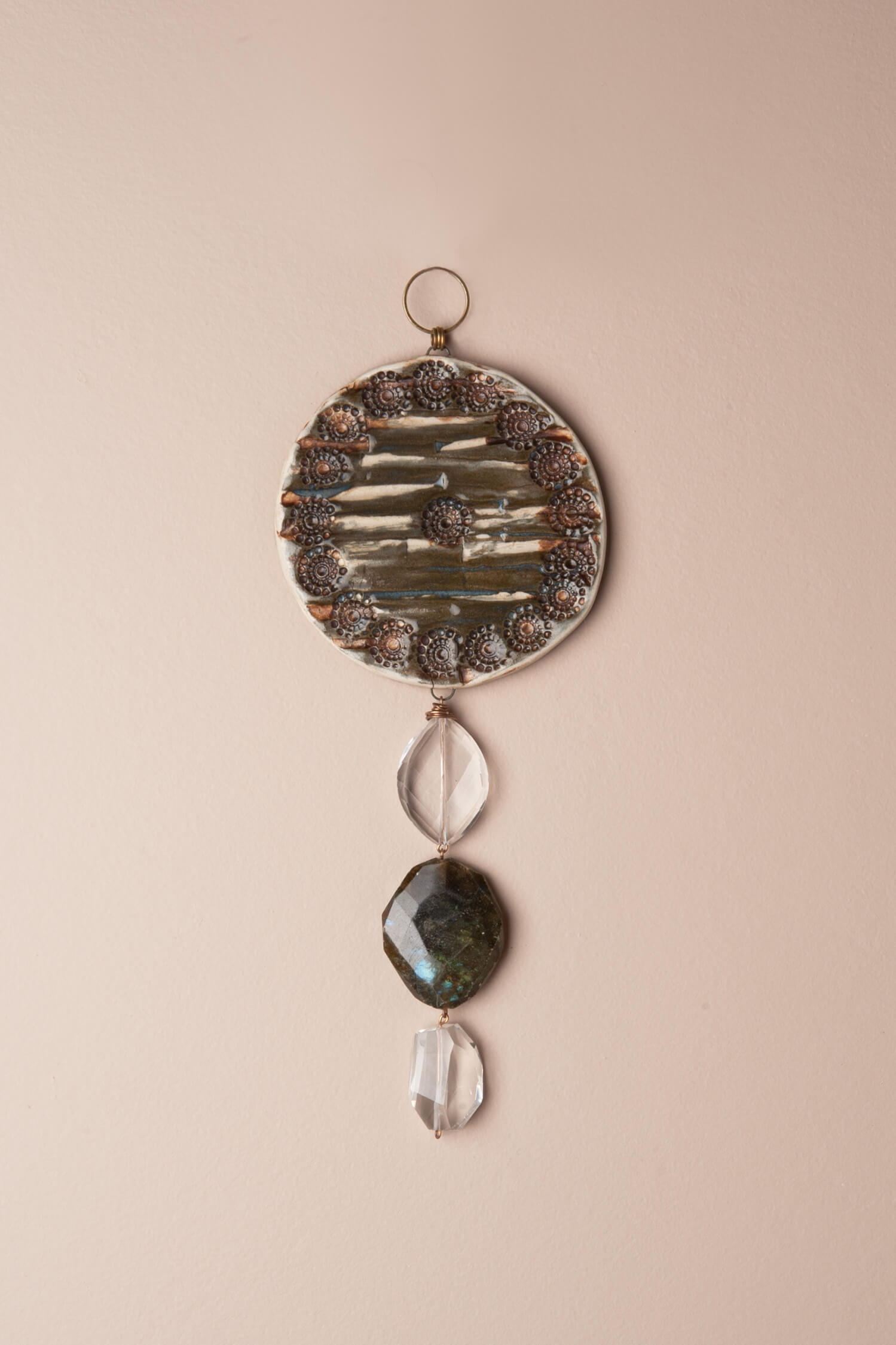 Moonlit Essence – Handcrafted Ceramic Wall Hanging with Clear Quartz & Labradorite, 9"