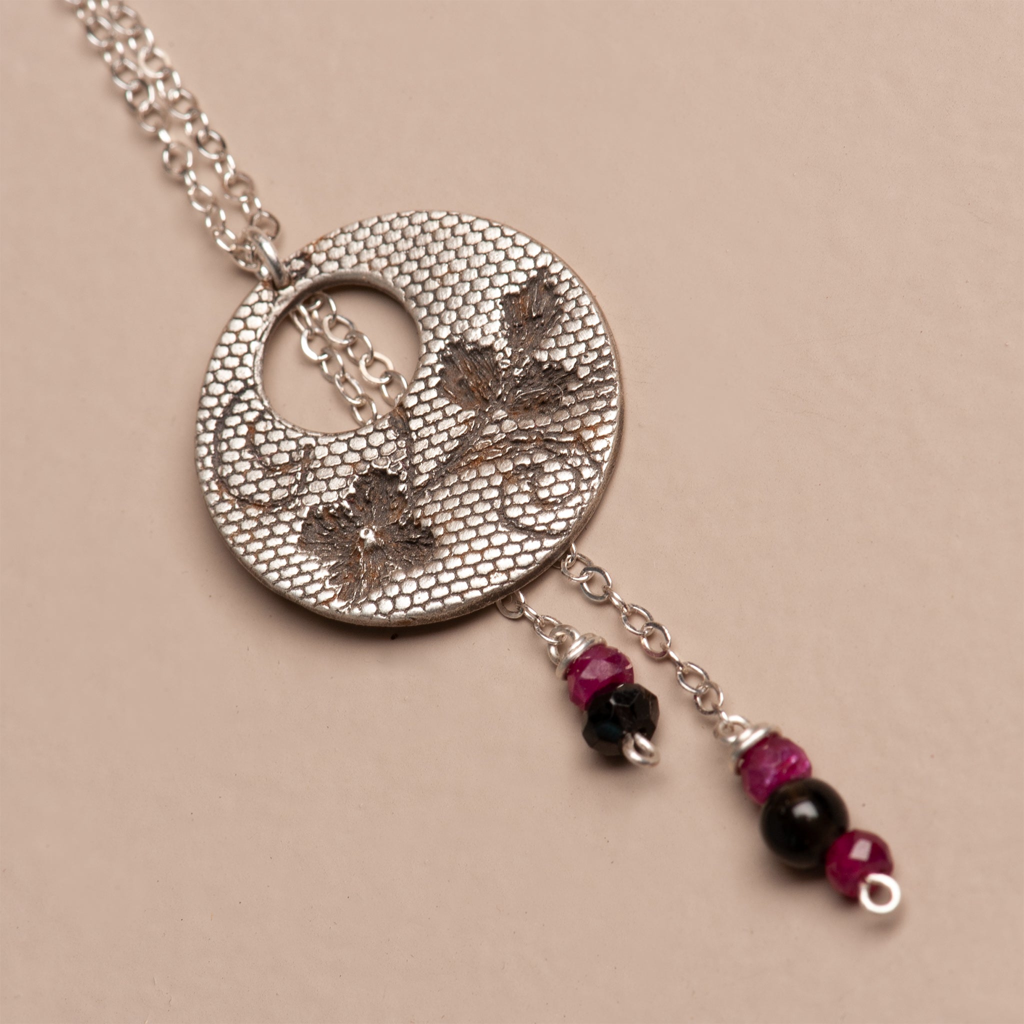 Oxidized Floral Lace Texture Moon Pendant Necklace
