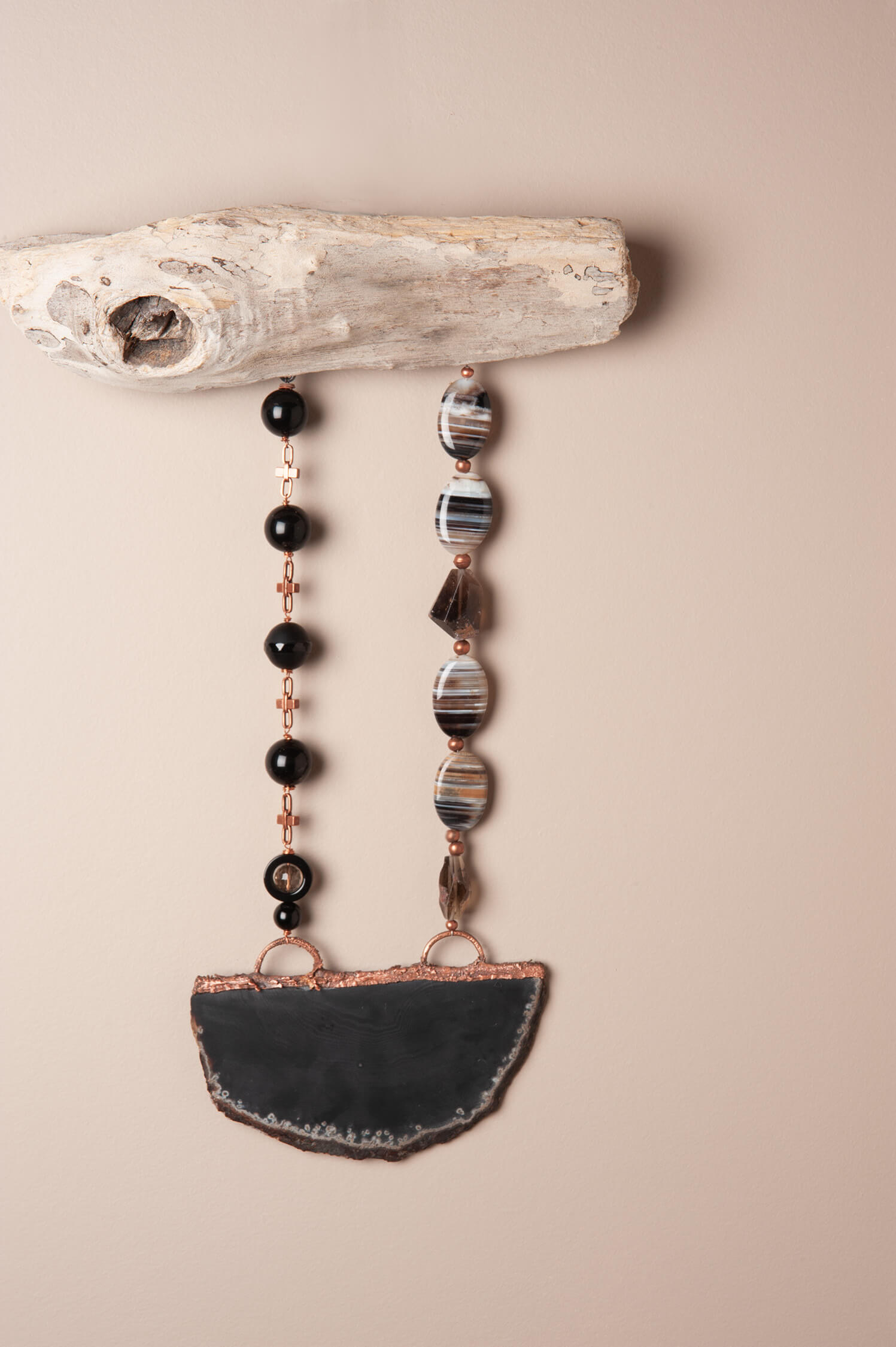 Roots of Onyx – Handcrafted Ceramic Wall Hanging with Onyx & Smoky Quartz, 15"