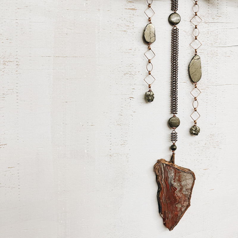 What Eagles Sea Wall Hanging with Driftwood, Lace Agate, Pyrite, Brass, and Copper