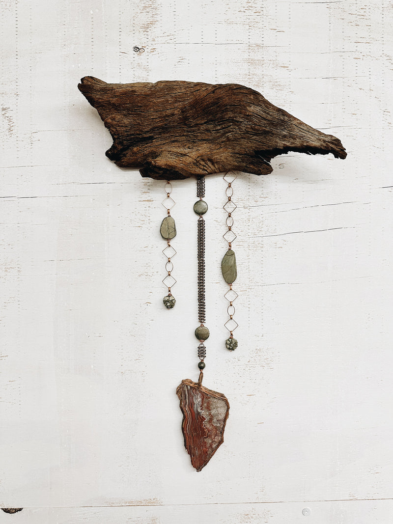 What Eagles Sea Wall Hanging with Driftwood, Lace Agate, Pyrite, Brass, and Copper