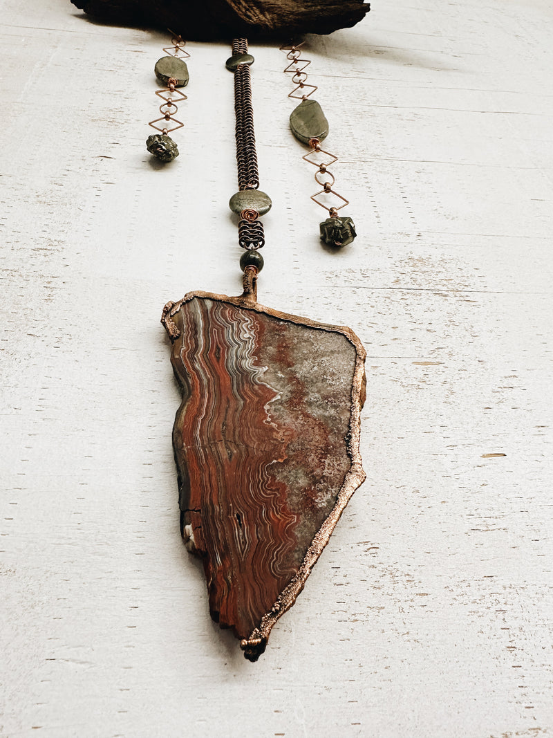What Eagles Sea Wall Hanging with Driftwood, Lace Agate, Pyrite, Brass, and Copper