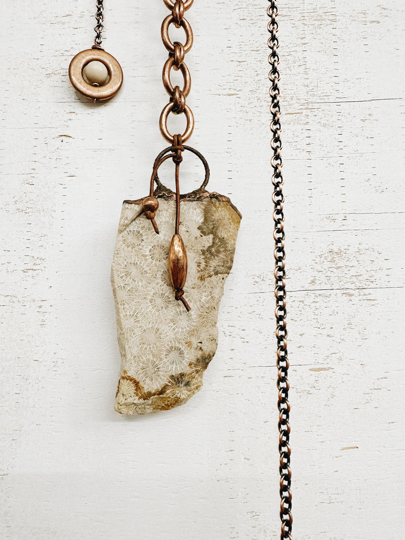 Life's Balance of Time Wall Hanging with Driftwood, Fossilized Coral, and Copper