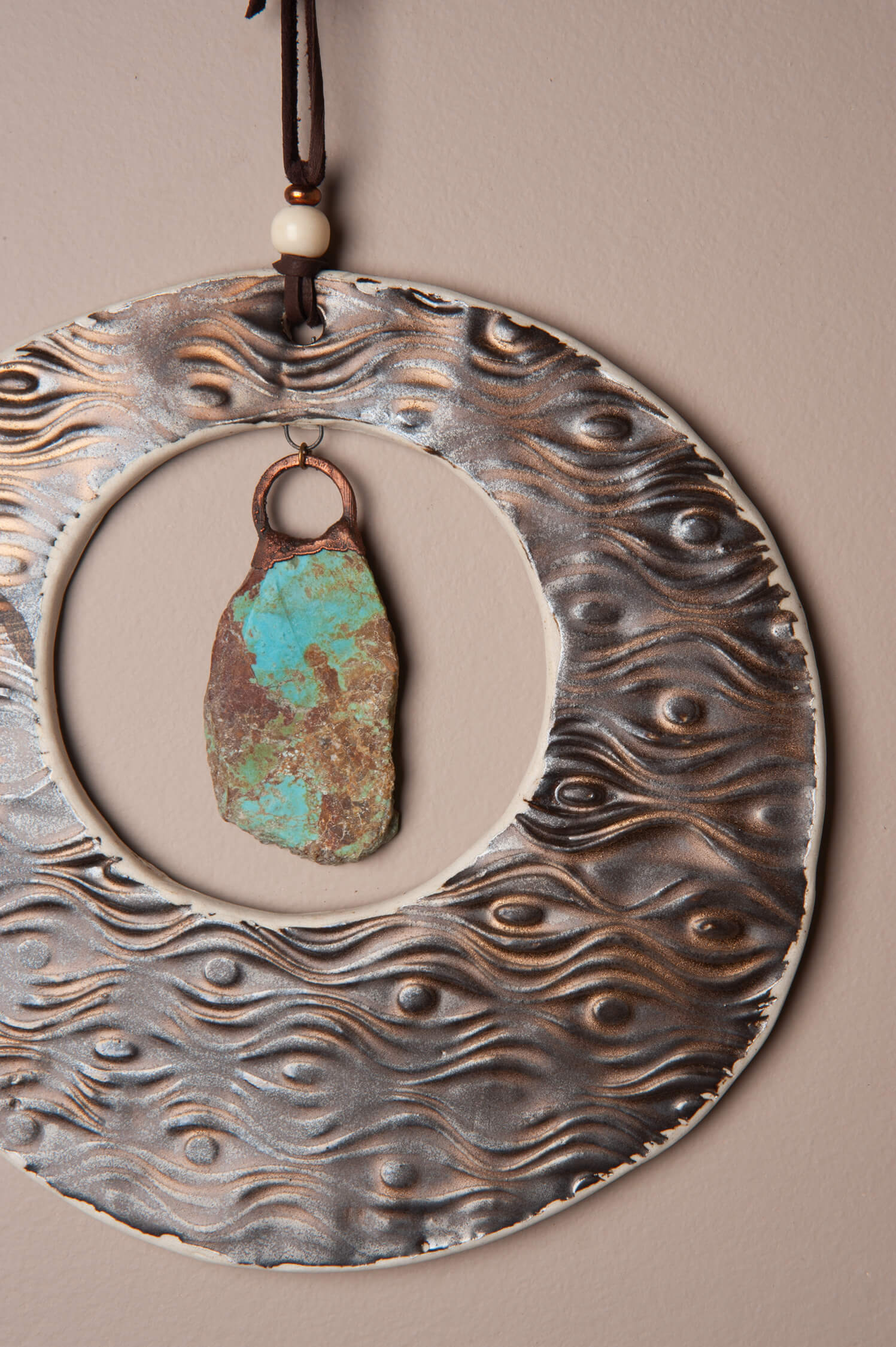 Serenity Moon – Handcrafted Ceramic Wall Hanging with Turquoise Pendant, 9.25"