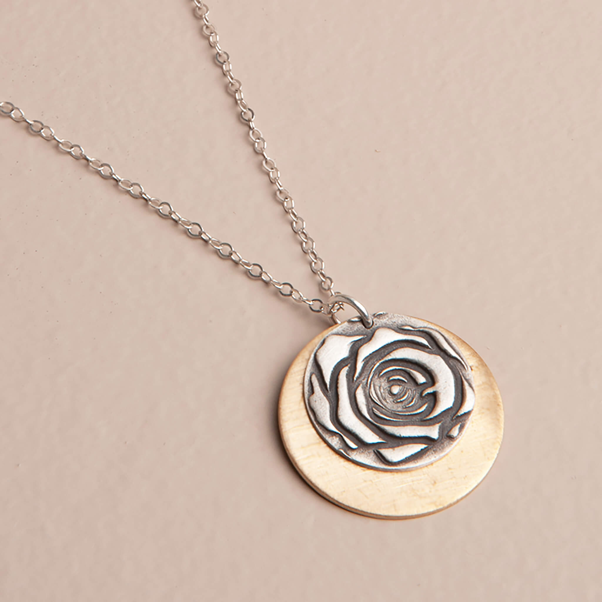 Silver Rose Crescent – Mixed Metal Pendant Necklace