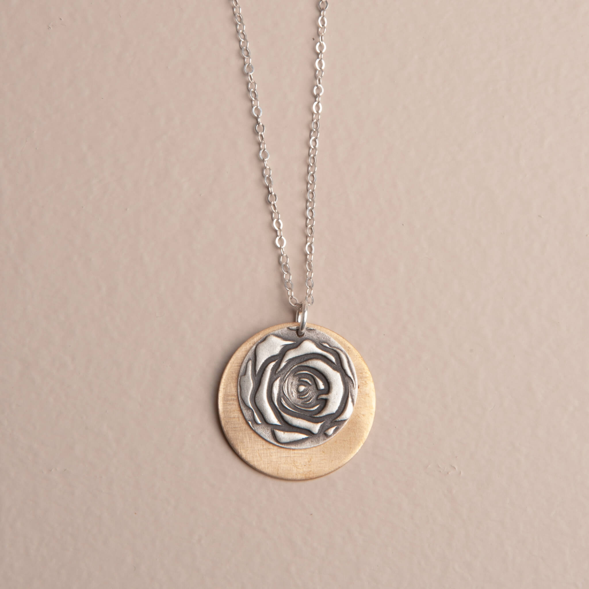 Silver Rose Crescent – Mixed Metal Pendant Necklace