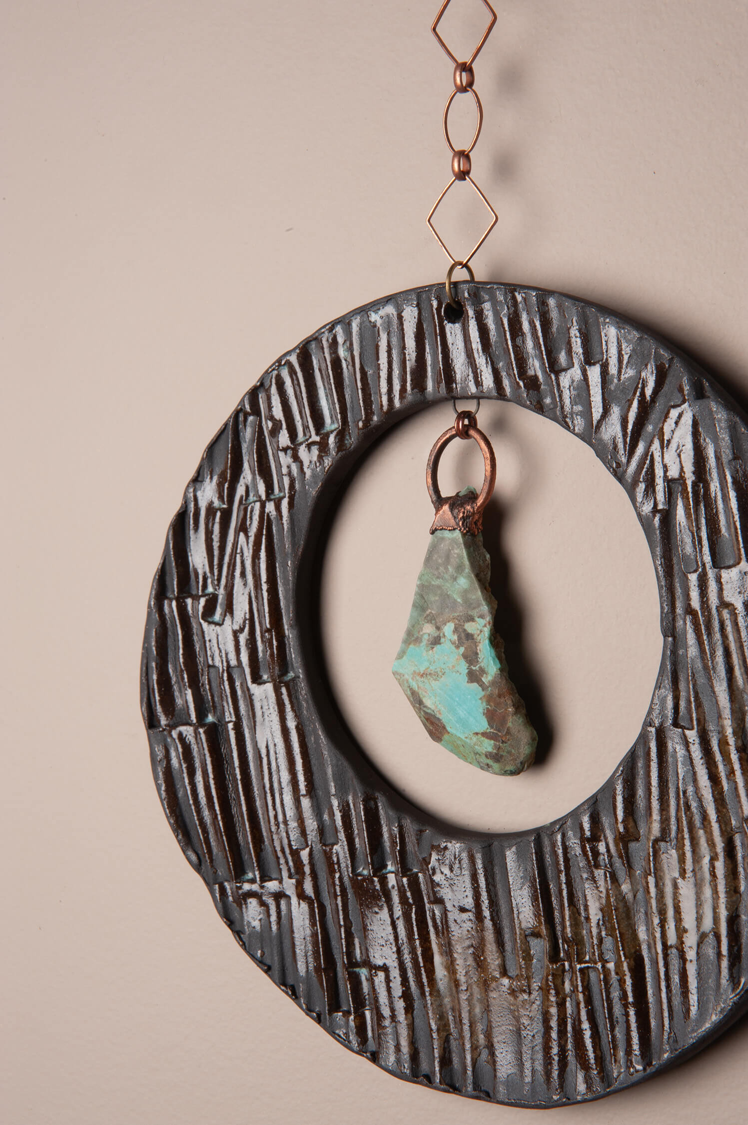 Twilight Grove – Handcrafted Ceramic Wall Hanging with Turquoise Pendant, 9.25"