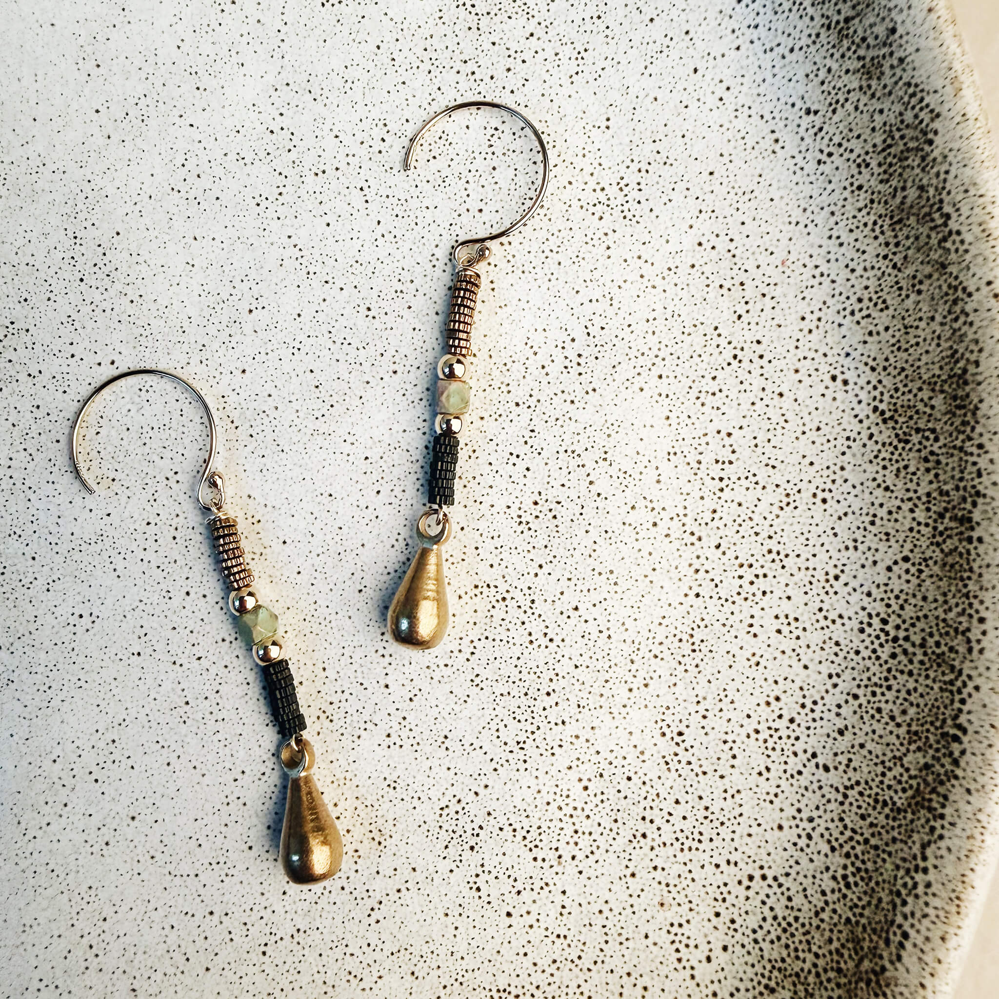 Handmade brass teardrop dangle earrings with patina green-brass square beads and 14K gold-filled accents, artisan jewelry by Jester Swink
