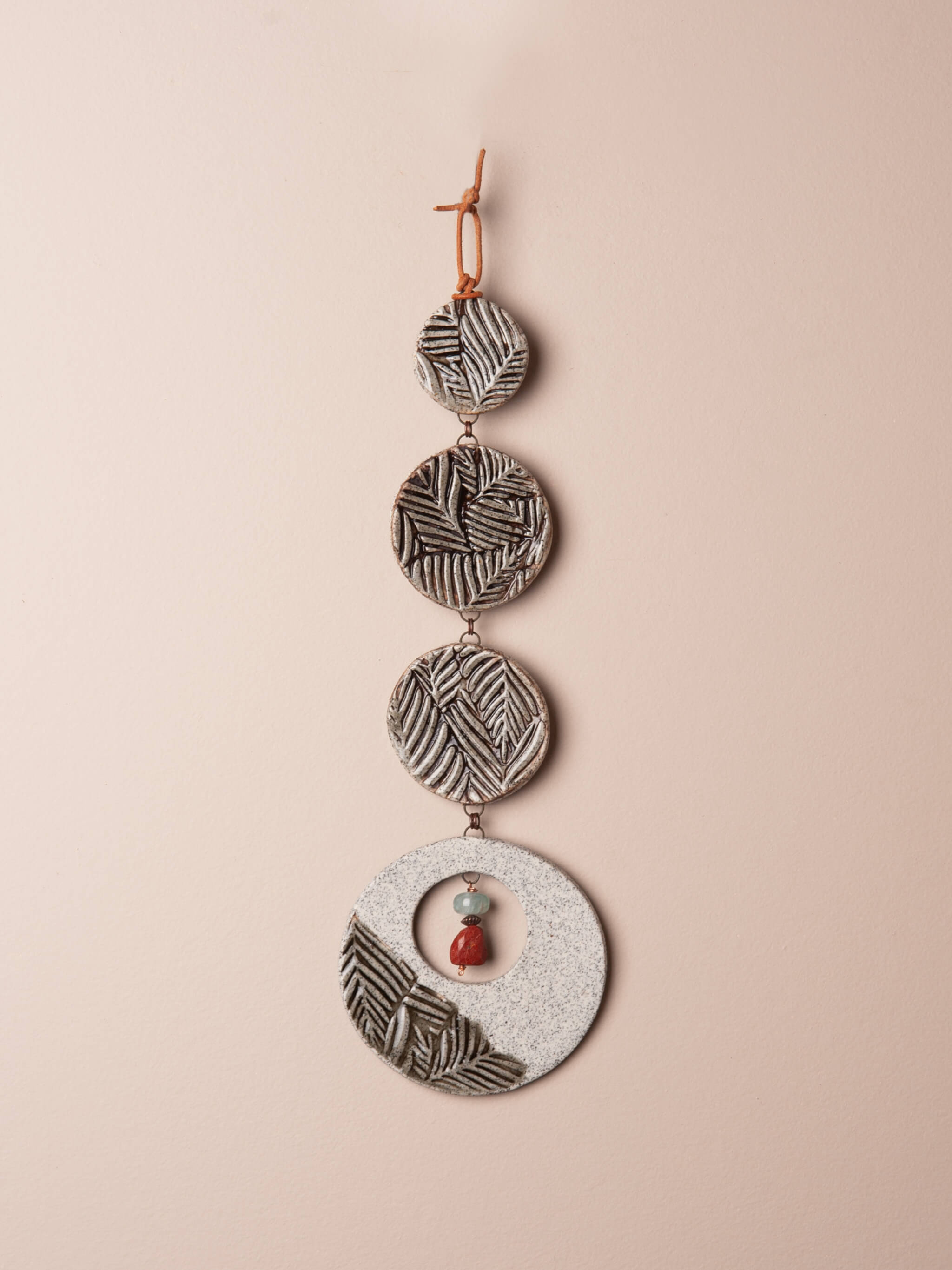 Handcrafted ceramic wall hanging with leaf impressions, jasper and aquamarine beads, copper and leather — Canopy Cascade by Jester Swink