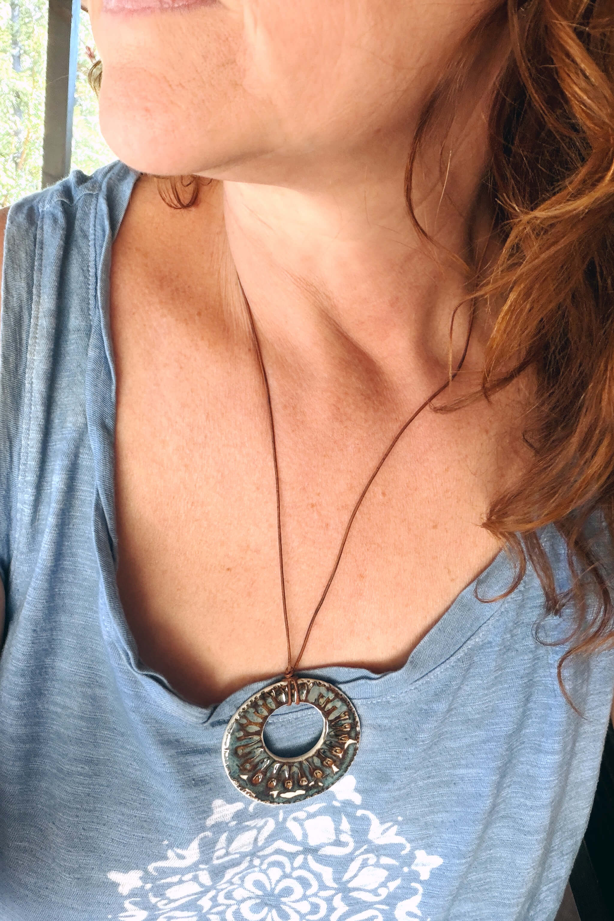 Handmade coastal ceramic ring pendant necklace worn long and boho on brown Italian leather — From the Fire FTF_0726 by Jester Swink