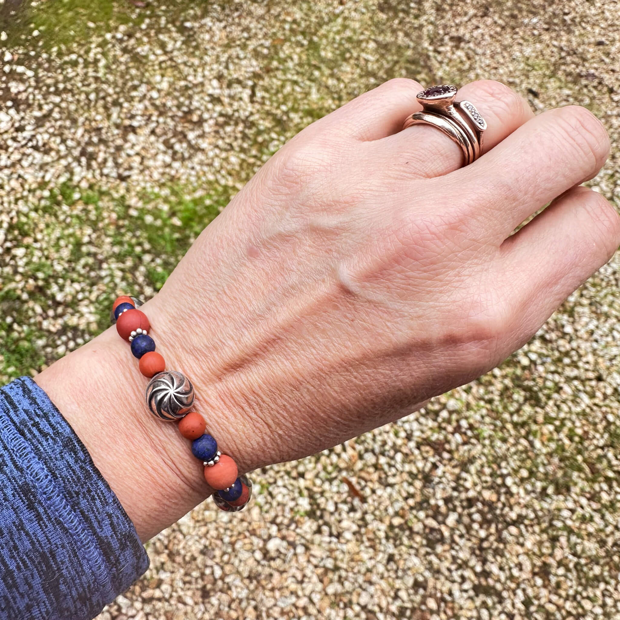 7" The Beacon Bracelet: Red Jasper, Lapis Lazuli, & Sterling Silver