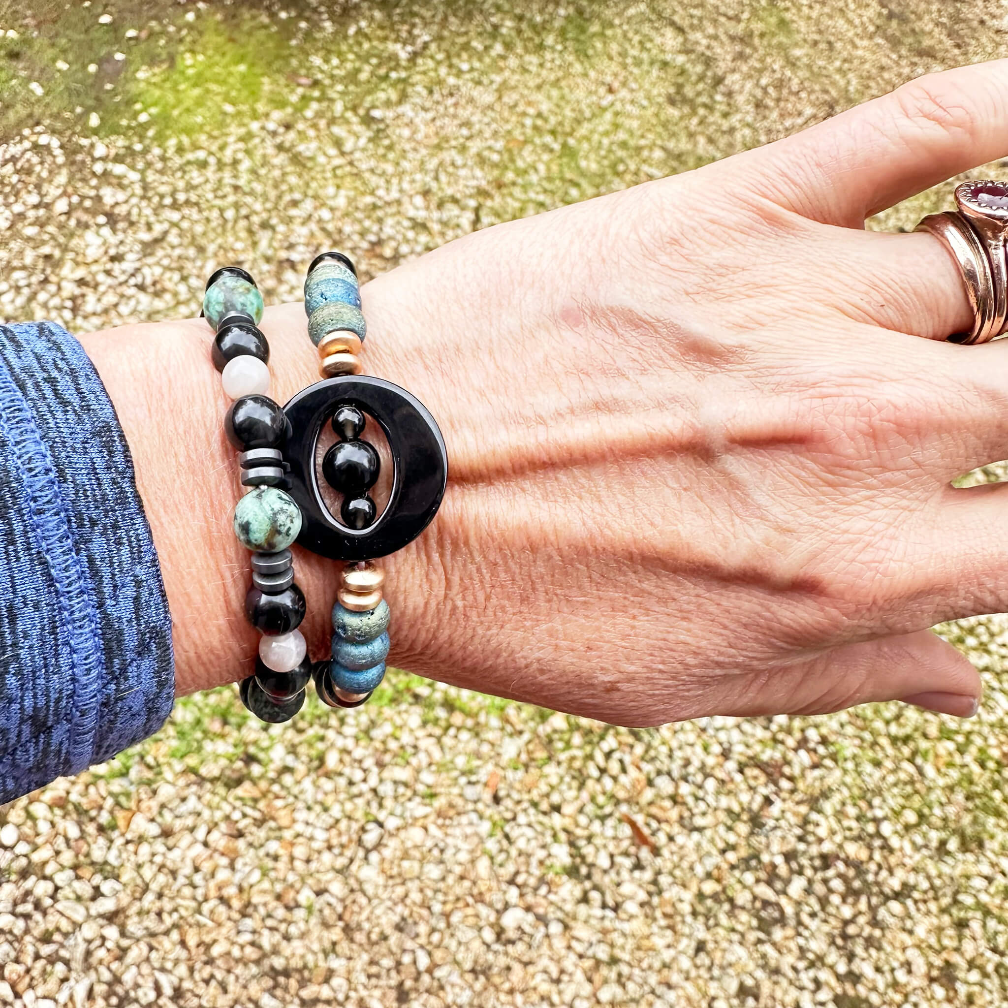 7" The Shadow Bracelet: Obsidian, African Turquoise, & Pyrite Stretch