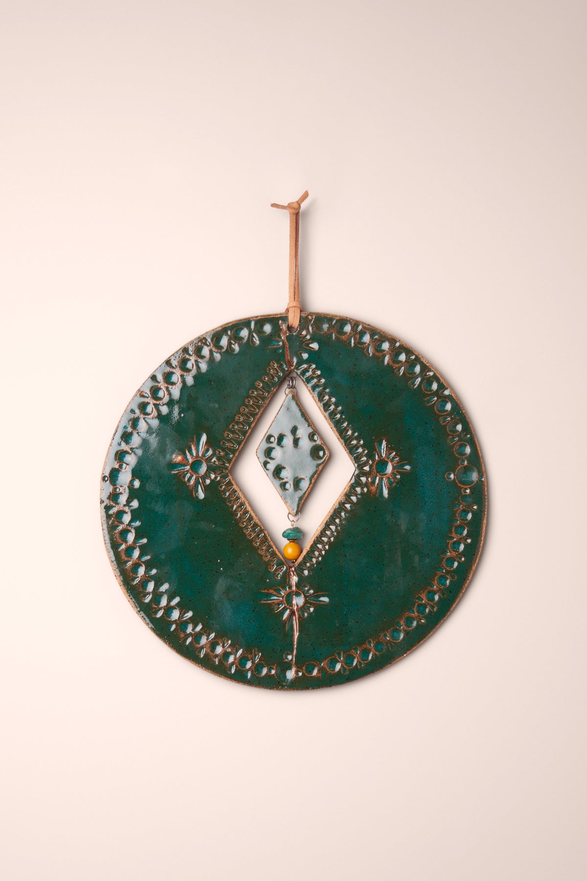 Large handmade circle ceramic wall hanging in Emerald glaze with a gold filled kiln crack in the wabi sabi style, amazonite and mookaite dangle, kiln fired by Jester Swink Santa Cruz Mountains — From the Fire FTF_1026