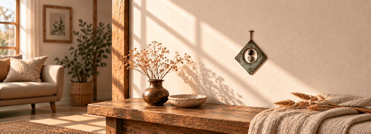 Ceramic wall hanging with stones in a sunlit room, Jester Swink.