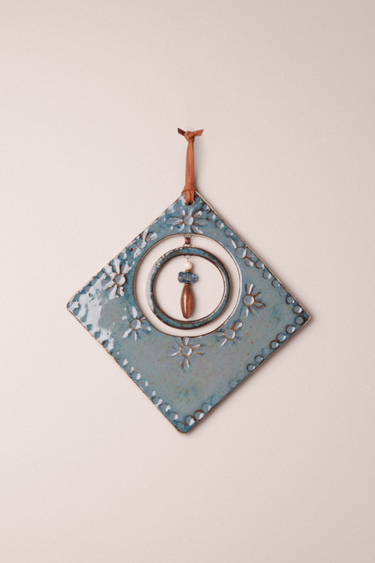 Large handmade diamond ceramic wall hanging in Sea Breeze glaze with pressed flowers and a kyanite and mountain jasper dangle, kiln fired by Jester Swink Santa Cruz Mountains — From the Fire FTF_1026