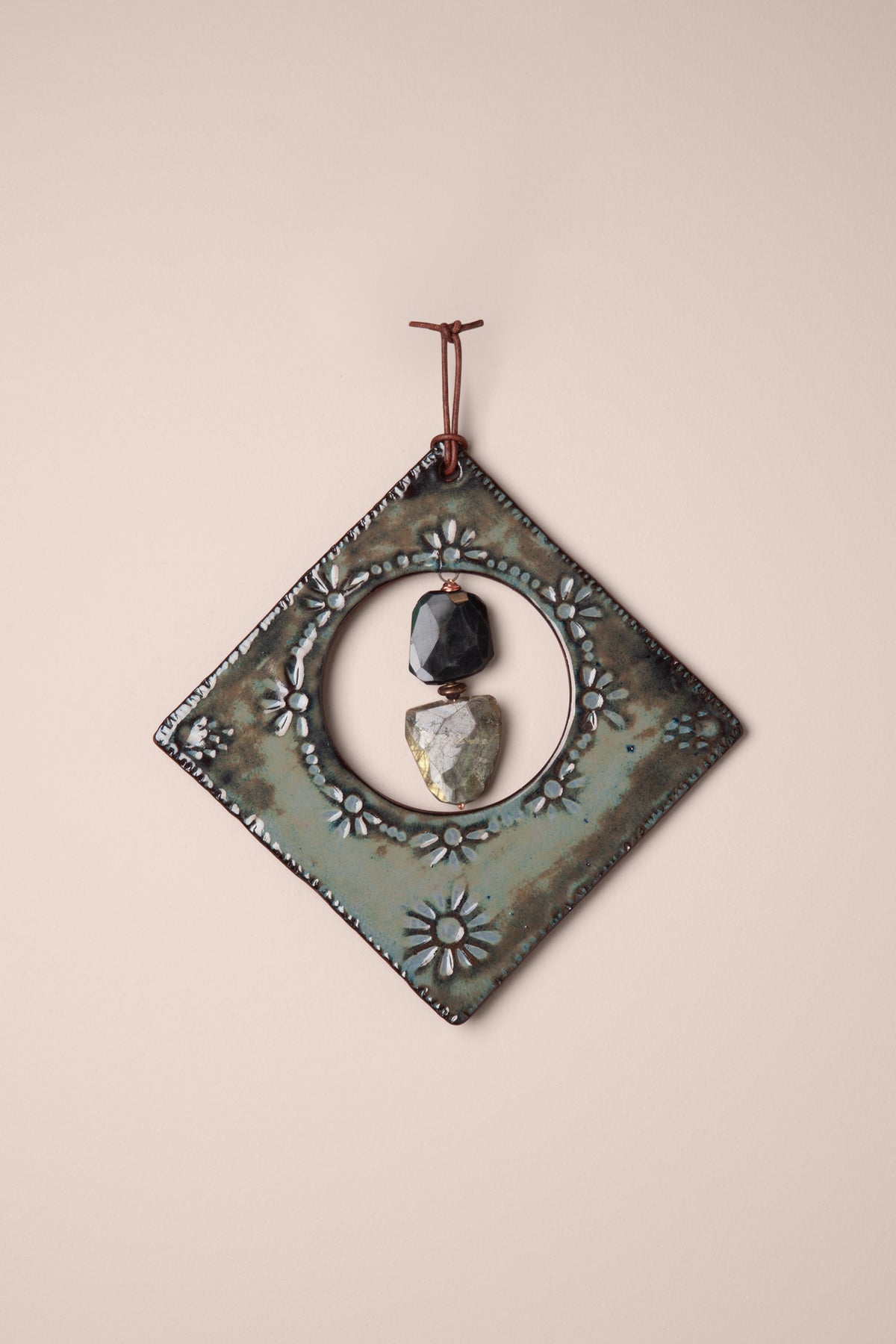 Large handmade diamond ceramic wall hanging in Sea Breeze glaze with pressed flowers and onyx and labradorite stones, kiln fired by Jester Swink Santa Cruz Mountains — From the Fire FTF_1026