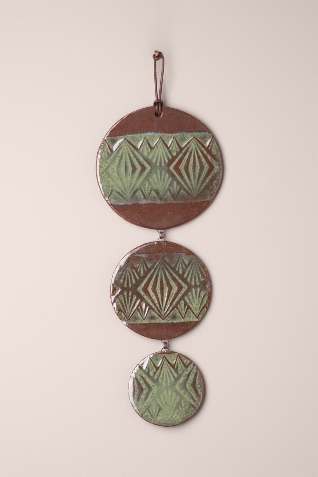 Large handmade tiered ceramic wall hanging with diamond texture in Antique Aquamarine glaze with a pressed geometric pattern on terracotta clay, kiln fired by Jester Swink Santa Cruz Mountains — From the Fire FTF_1026