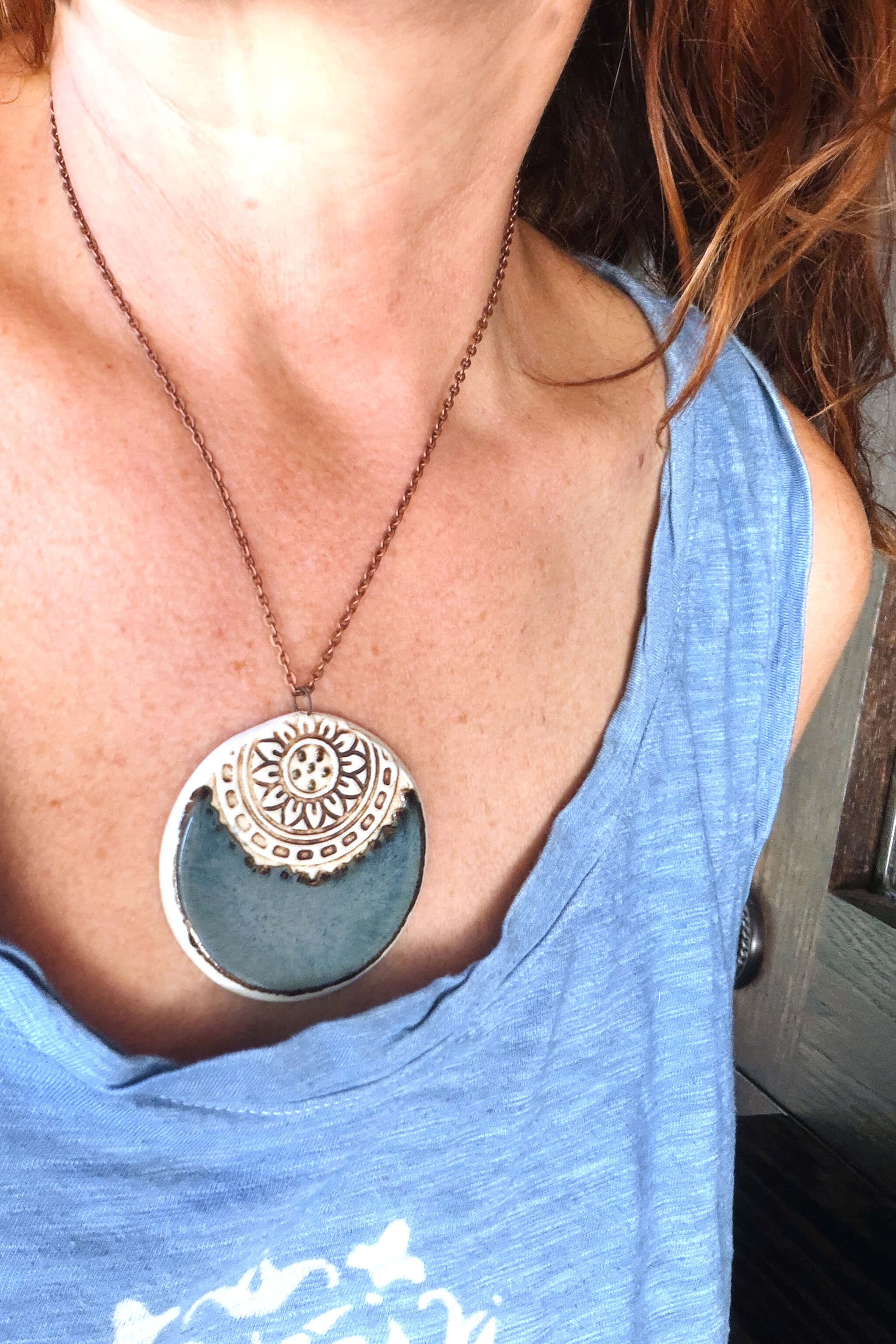 Handmade porcelain mandala ceramic pendant necklace on 18 inch copper chain worn at the collarbone — From the Fire FTF_0726 by Jester Swink