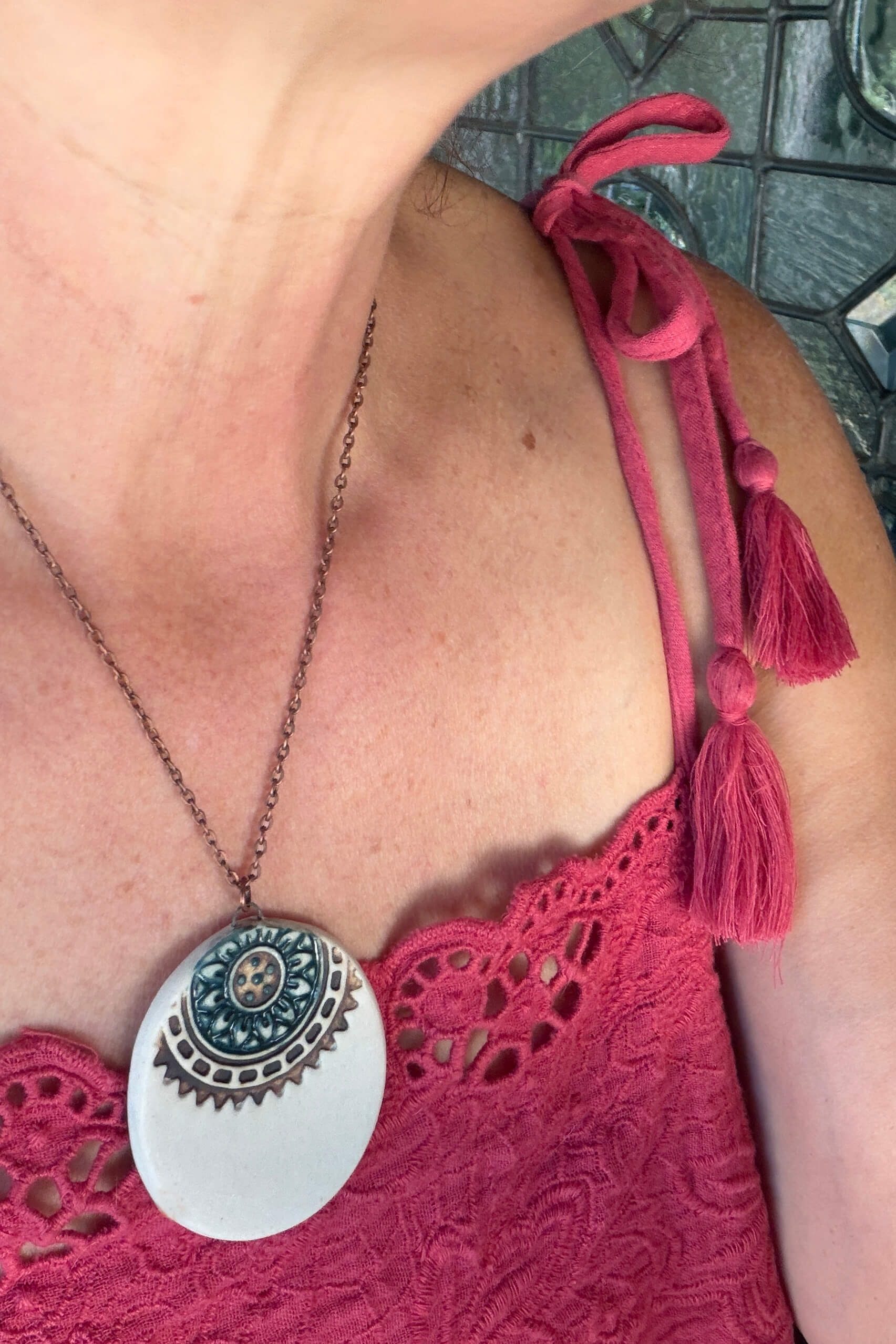 Handmade porcelain mandala crown ceramic pendant necklace on 18 inch copper chain worn at the collarbone — From the Fire FTF_0726 by Jester Swink