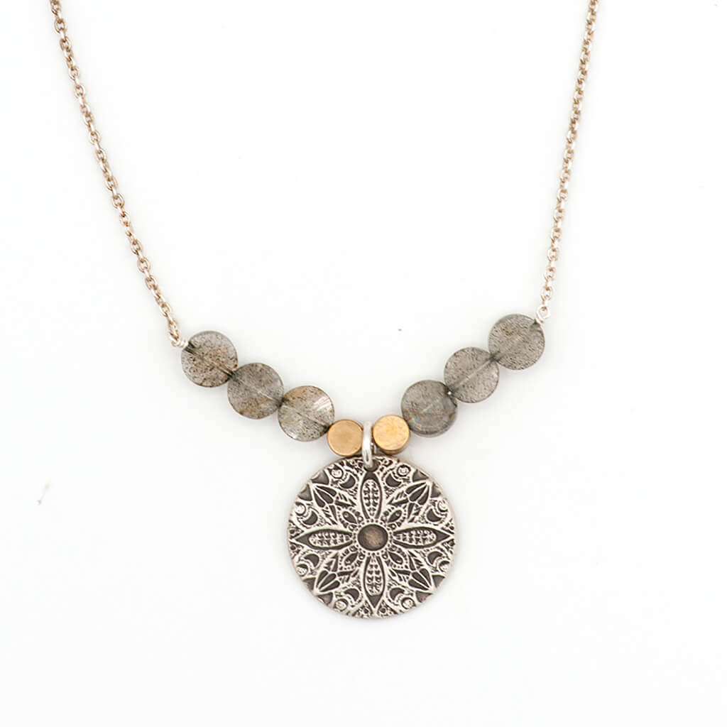 Handcrafted sterling silver mandala harmony pendant necklace with labradorite and brass beads — nature inspired mandala jewelry by Jester Swink, Santa Cruz Mountains