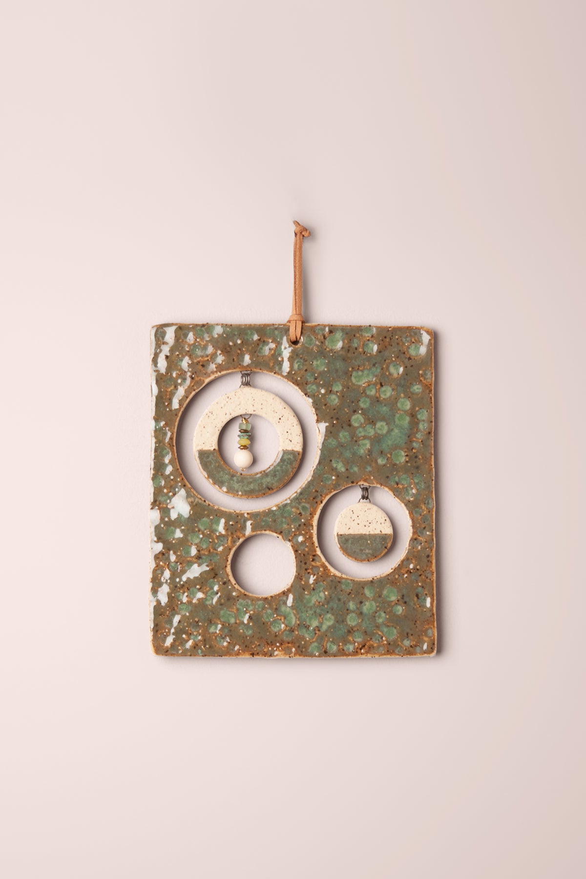 Medium handmade rectangle ceramic wall hanging in hammered Antique Aquamarine glaze with small hanging moons and labradorite, serpentine and mountain jasper stones, kiln fired by Jester Swink Santa Cruz Mountains — From the Fire FTF_1026