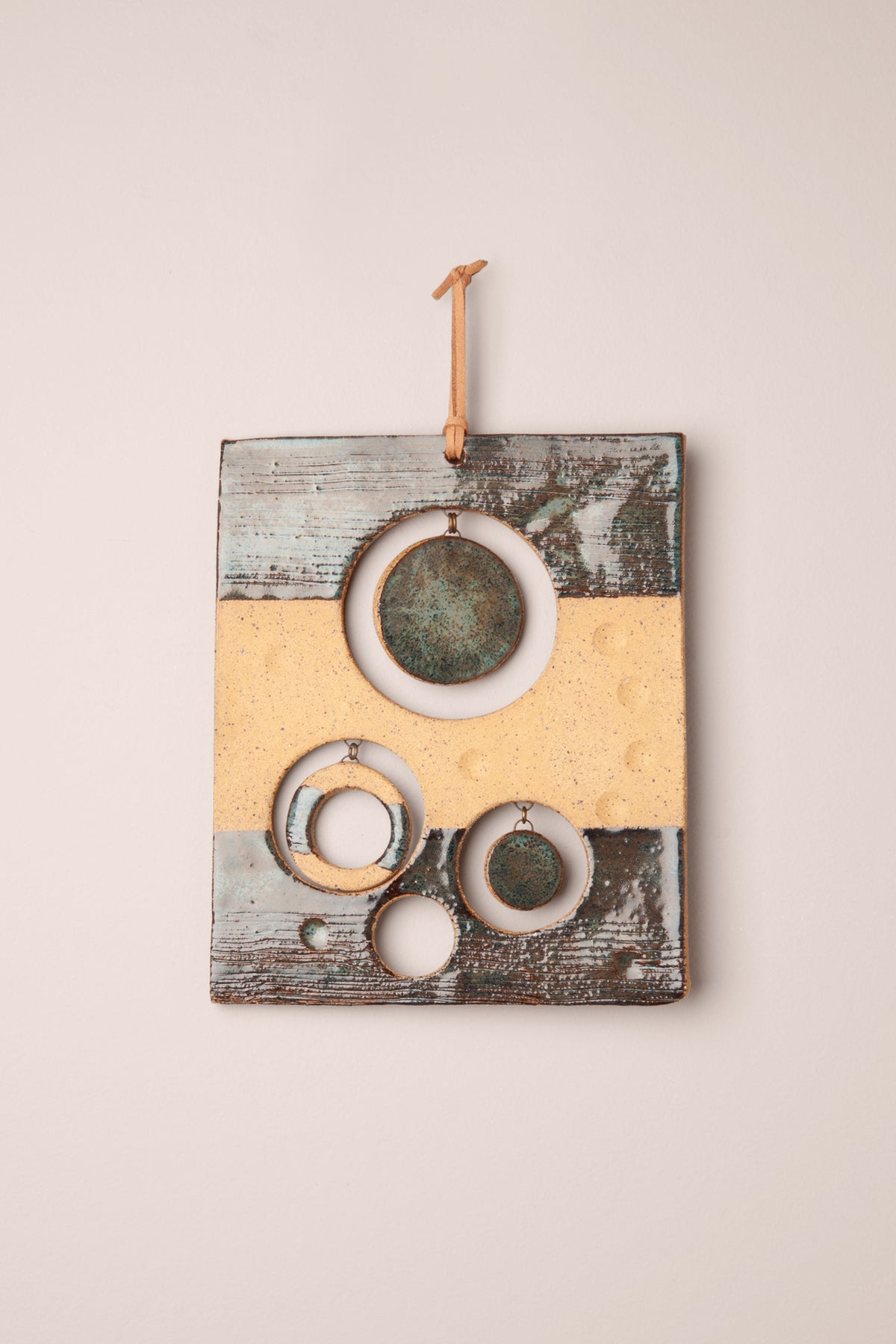 Medium handmade rectangle ceramic wall hanging in Sea Breeze glaze with a warm clay stripe and small hanging moons, kiln fired by Jester Swink Santa Cruz Mountains — From the Fire FTF_1026