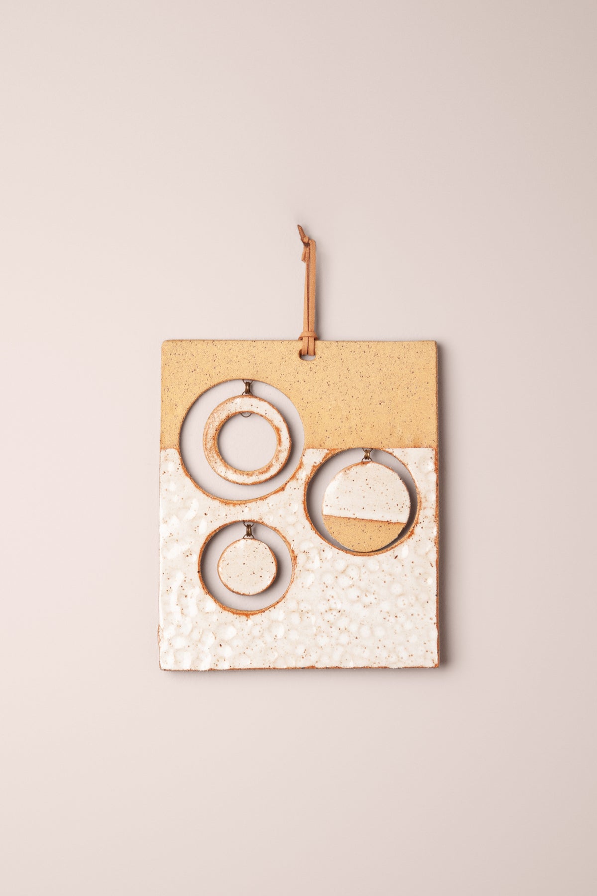 Medium handmade rectangle ceramic wall hanging in textured white glaze over warm speckled clay with small hanging moons, kiln fired by Jester Swink Santa Cruz Mountains — From the Fire FTF_1026