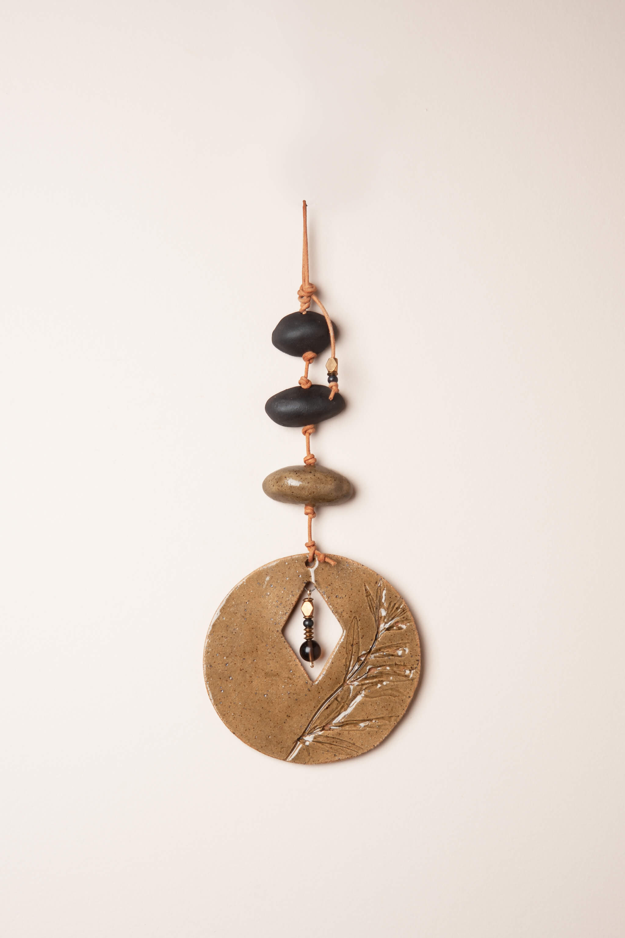 Medium handmade ceramic totem wall hanging in olive green and night clay with monkey flower impression and smoky quartz, kiln fired by Jester Swink Santa Cruz Mountains — From the Fire FTF_0726