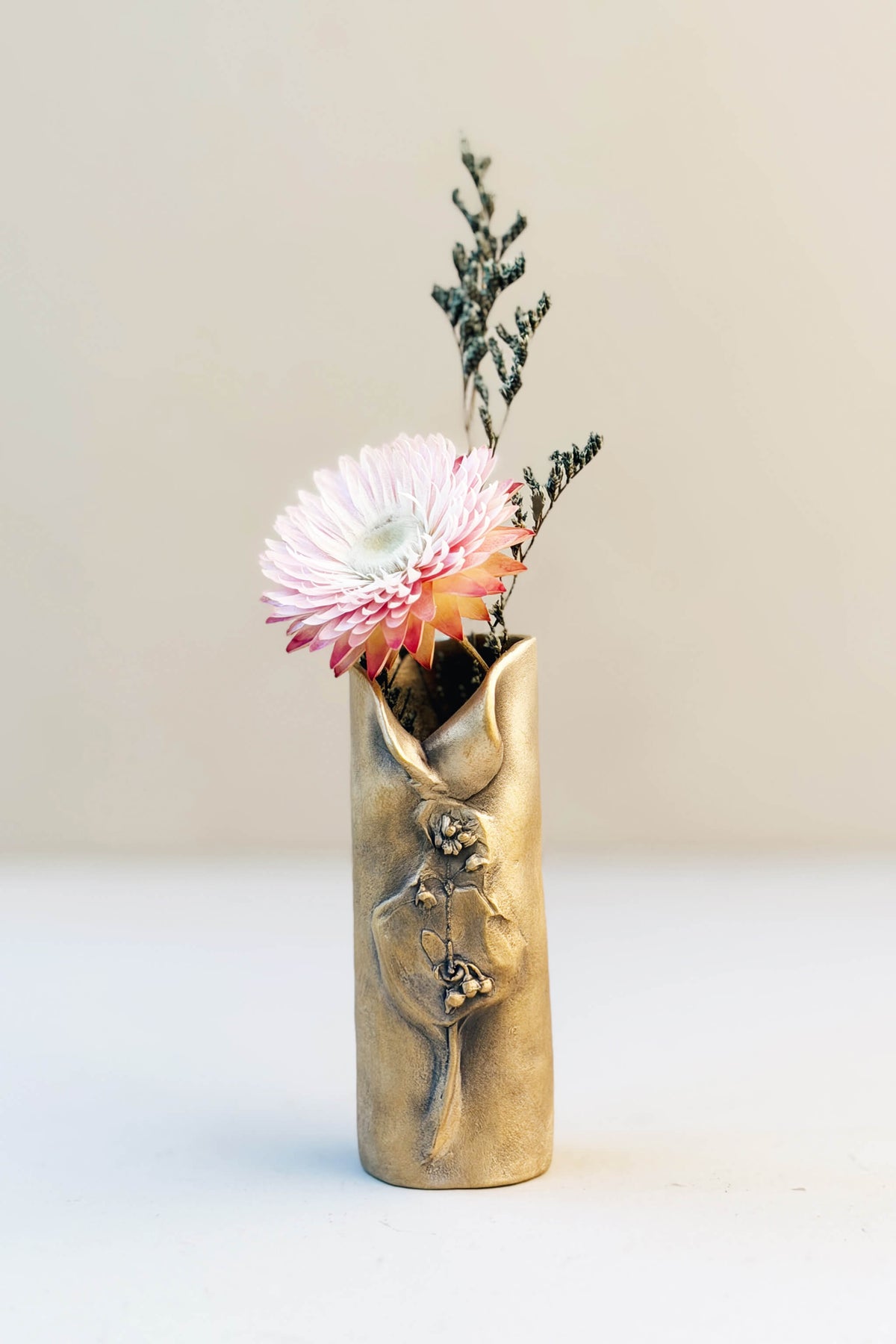Handmade bronze mini bud vase with real miner's lettuce raised on the front, styled with dried flowers, by Jester Swink Santa Cruz Mountains — From the Fire FTF_1026