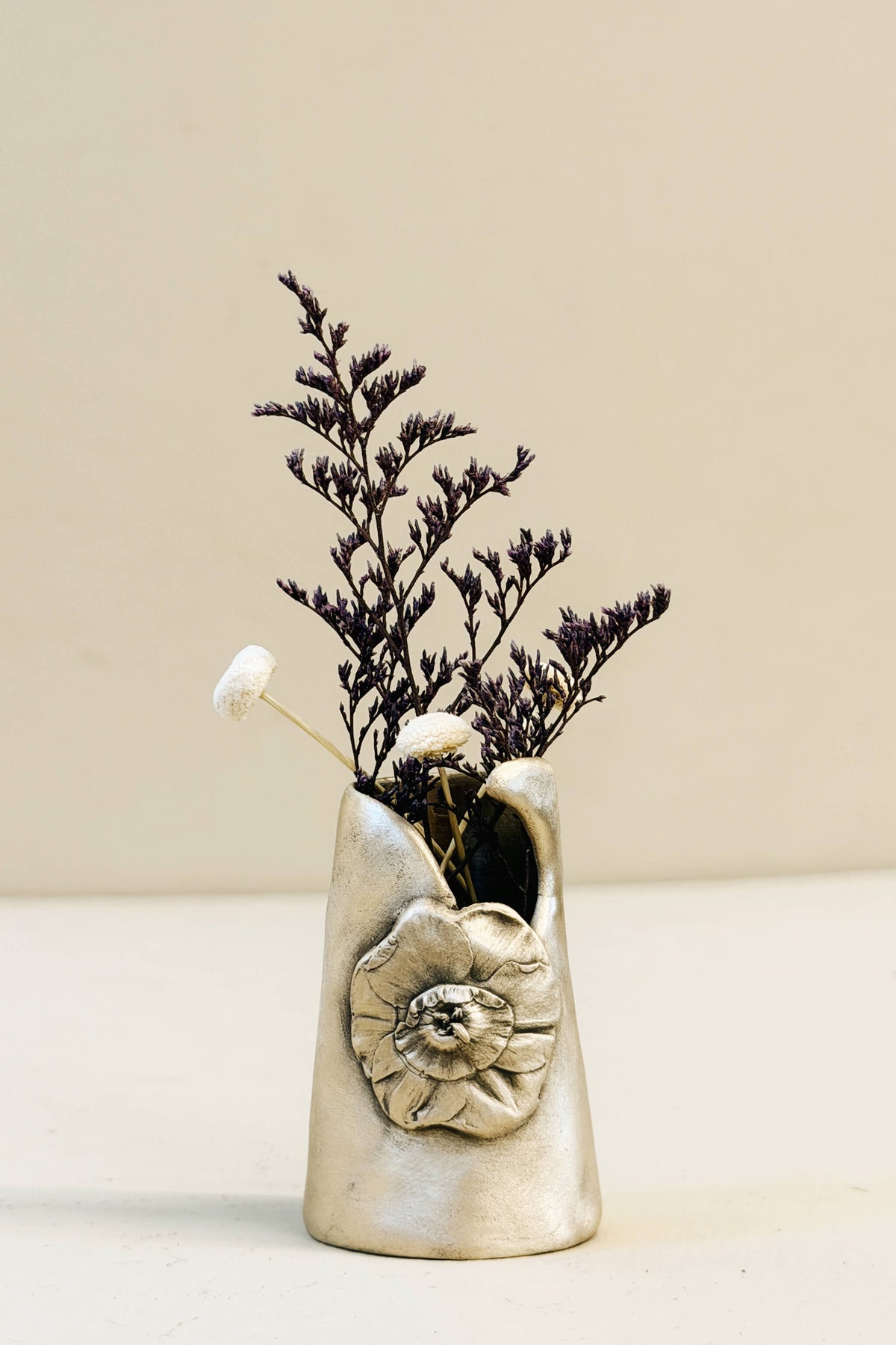 Handmade bronze mini bud vase molded from a real persimmon top, styled with dried flowers, by Jester Swink Santa Cruz Mountains — From the Fire FTF_1026