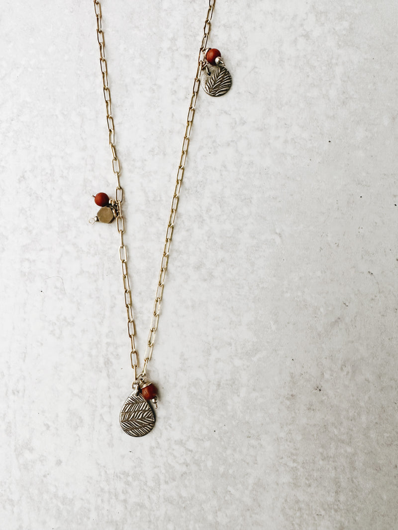 Mixed Metal Necklace with Sterling Silver Charms, Rhodochrosite and Jasper - Jester Swink