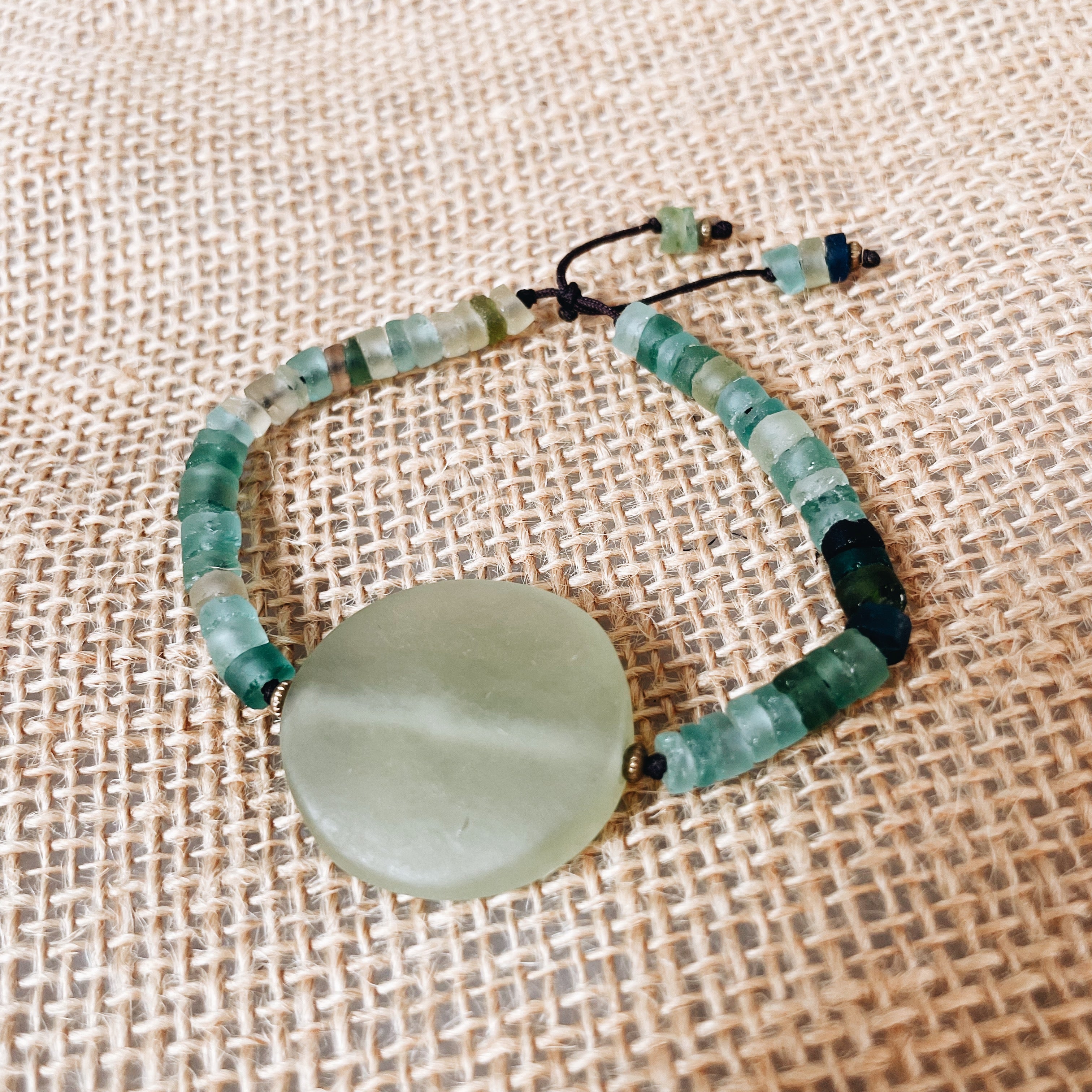 Jade, Vintage Italian Sea Glass, and Brass Beaded Bracelet by Jester Swink - Jester Swink