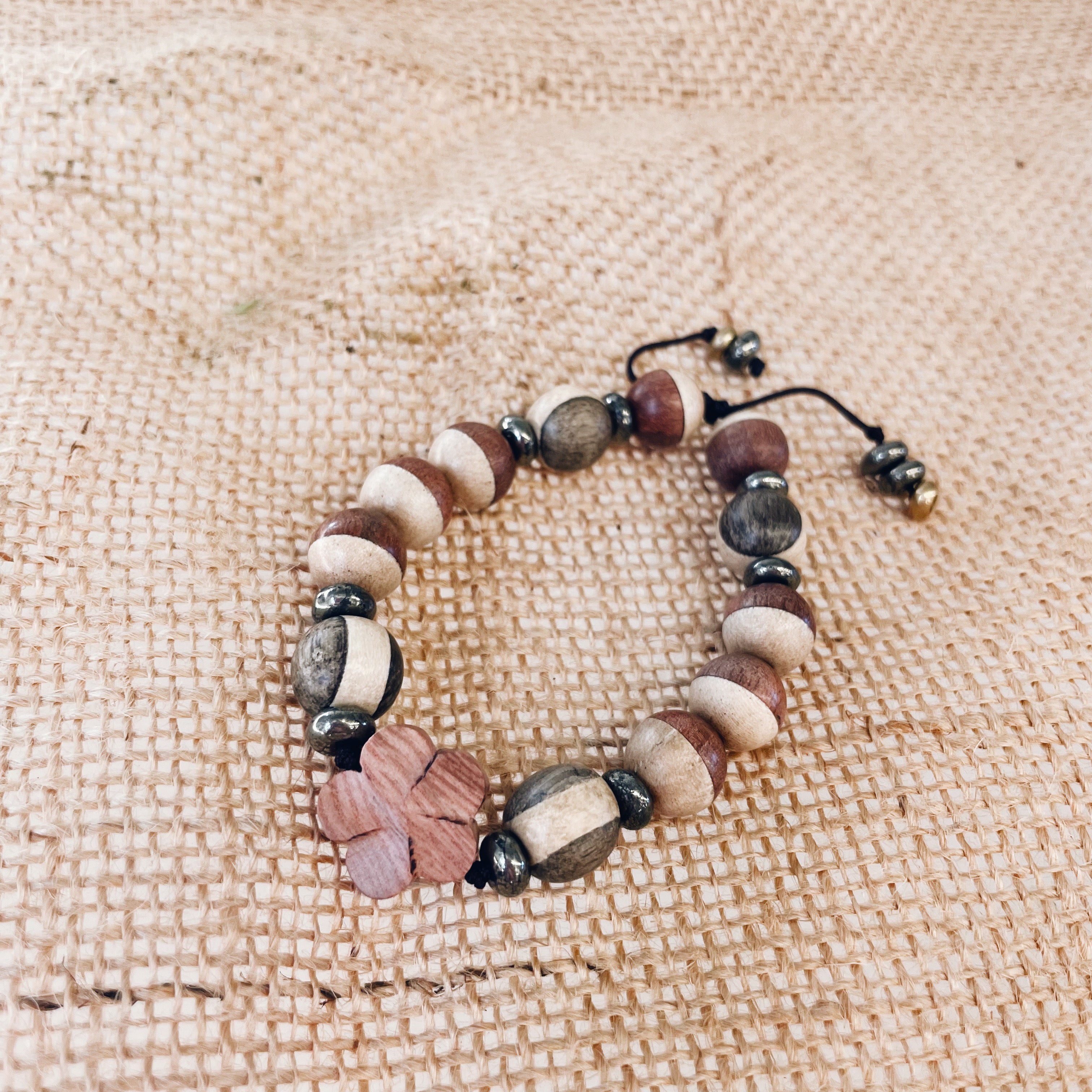 Pyrite, Rose Wood, White and Grey Wood Knotted Beaded Bracelet by Jester Swink - Jester Swink