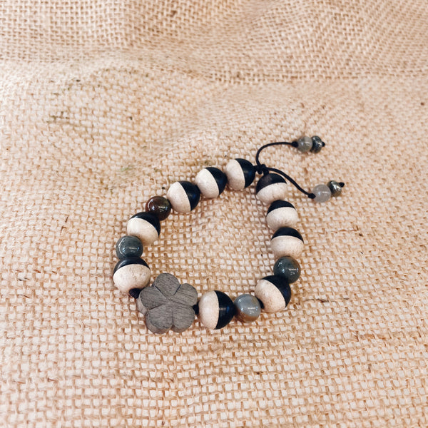 Mountain Jasper, Pyrite, White and Ebony Wood Knotted Beaded Bracelet by Jester Swink - Jester Swink