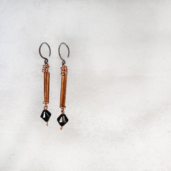 Copper and Silver Drop Earrings with Onyx - Jester Swink