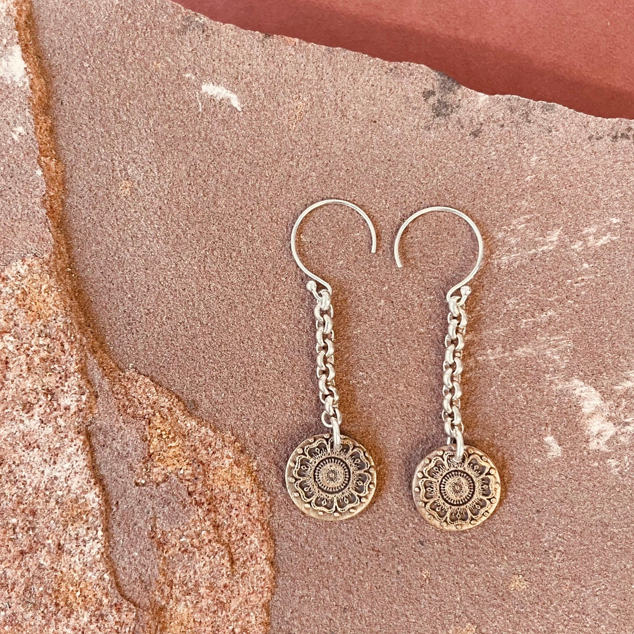 Bronze & Silver Moroccan Mandala Floral Drop Earrings - Jester Swink