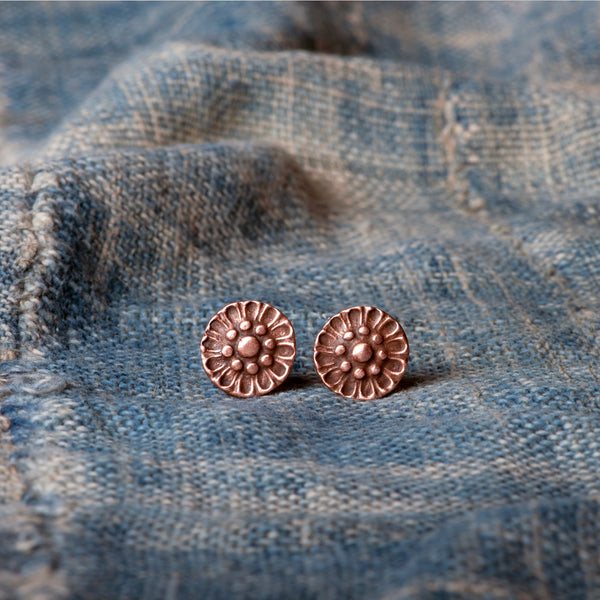 Copper Zinnia Flower Stud Earrings by Jester Swink - Jester Swink
