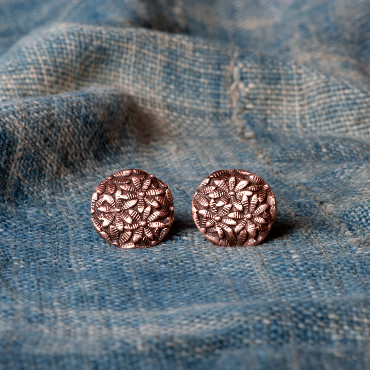 Vintage Copper Flower Button Stud Earrings by Jester Swink - Jester Swink